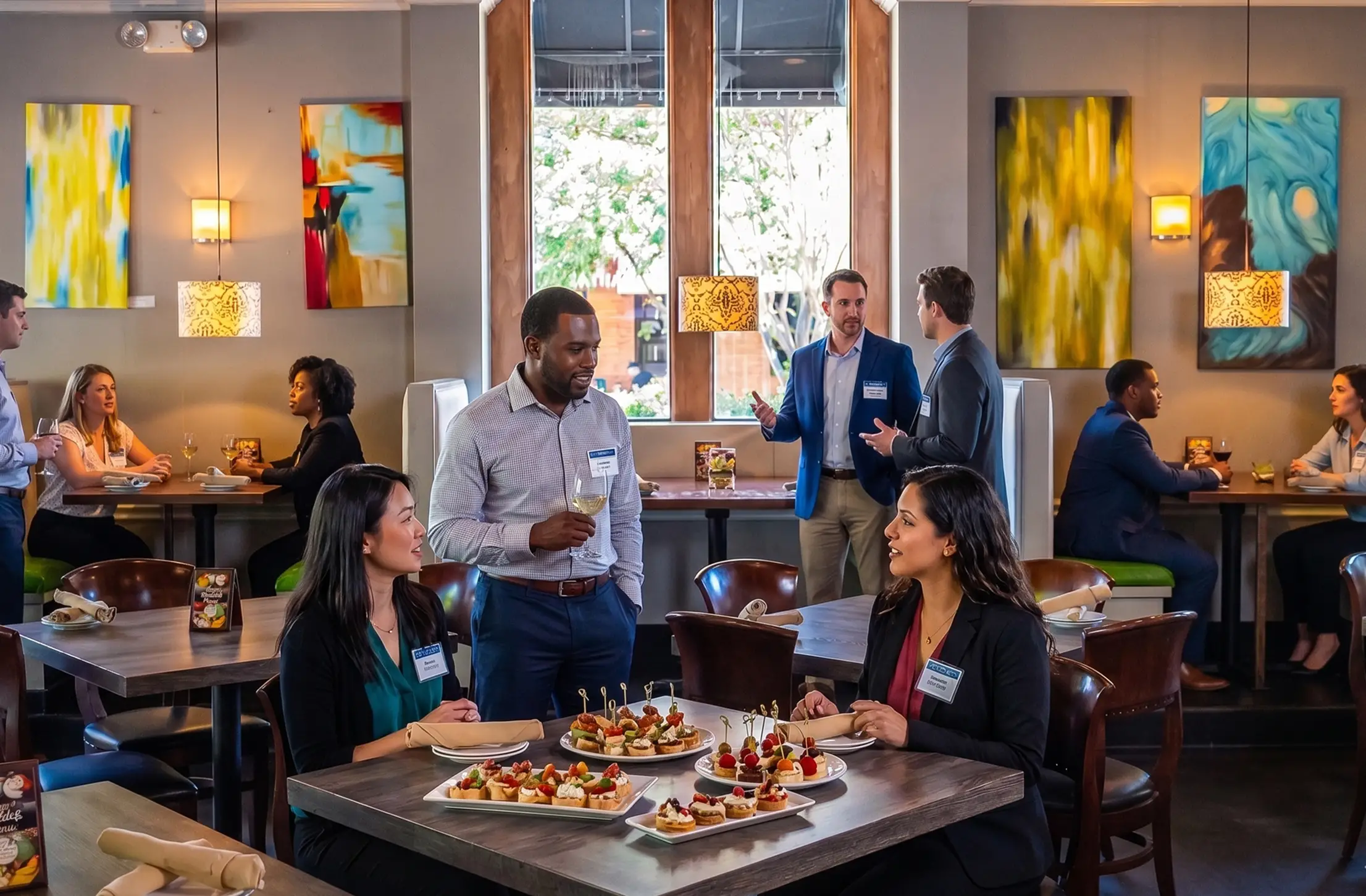 Professionals networking during a catered corporate event in Dallas.